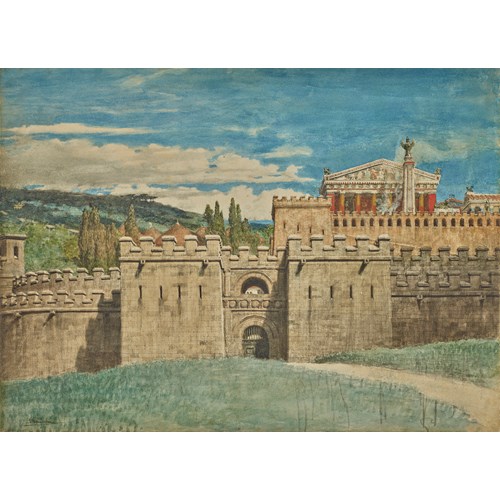 Antium seen from outside the city walls: Design for Sir Henry Irving’s production of William Shakespeare’s ‘Coriolanus’